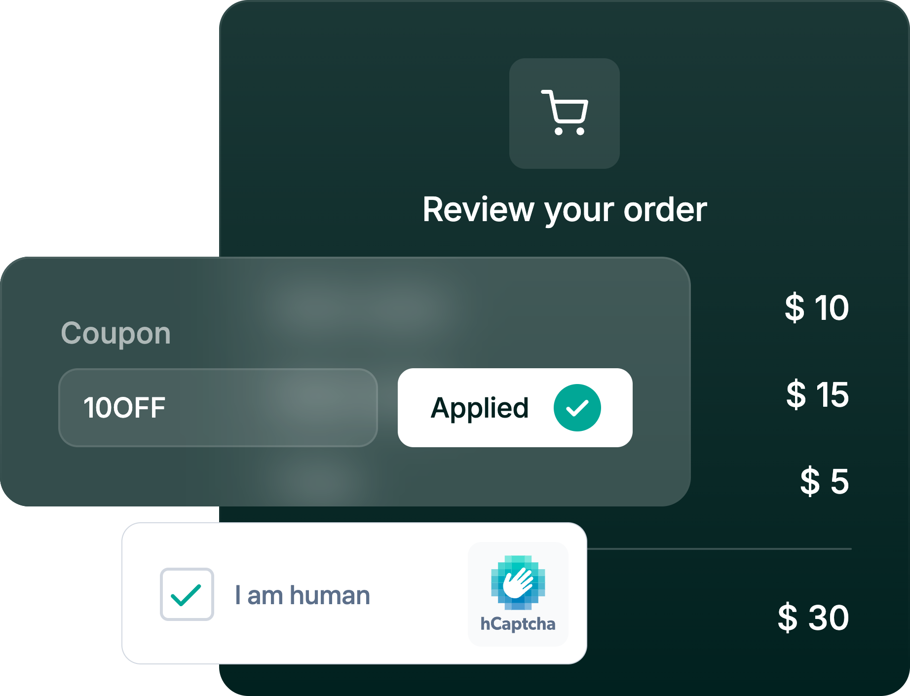 Checkout screen with an applied coupon and completed hCaptcha verification.